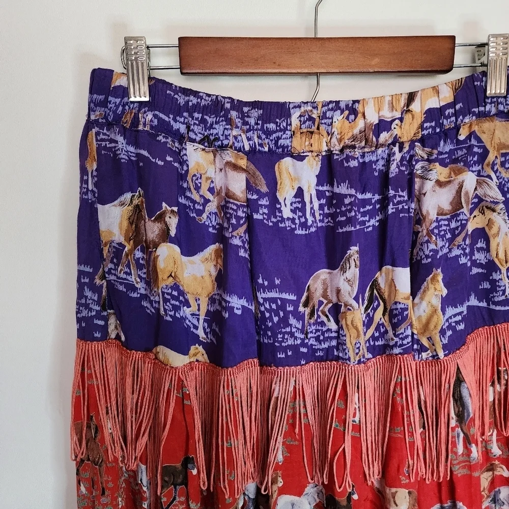 Vtg Why Not! Horse Print Tiered Maxi Skirt S Western Boho Rayon Fringe Red